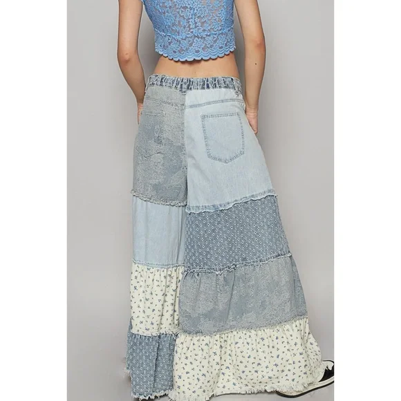 POL Patchwork Tiered Ruffle Exaggerated Wide Leg Jeans Relaxed Fit - Picture 8 of 9